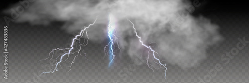 Vector realistic dark stormy sky with clouds, heavy rain and lightning strikes.