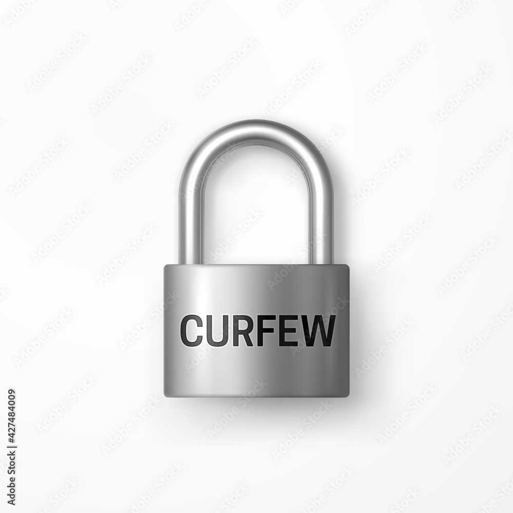 Closed Secure Shiny Metal Padlock with Curfew Text. Curfew sign. Isolated lock icon. Riot prevention concept. Restriction of movement. Reduced aggression. Health care. Realistic 3d vector object Closed Secure Shiny Metal Padlock with Curfew Text. Curfew sign. Isolated lock icon. Riot prevention concept. Restriction of movement. Reduced aggression. Health care. Realistic 3d vector object