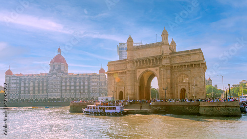 the Gateway of India and boats as seen from the Mumbai Harbour in Mumbai.