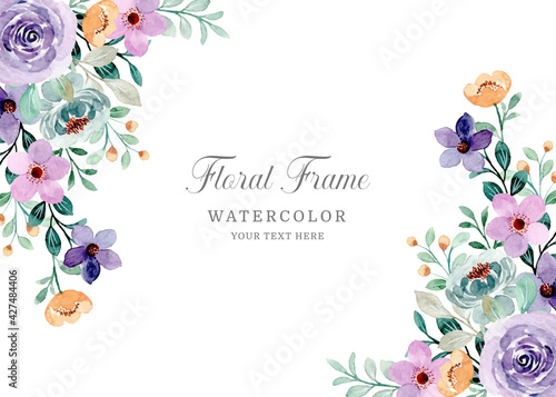 Green purple floral frame background with watercolor