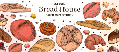 Vintage hand-drawn sketch style bakery banner.Different kinds of pastry sweets. Bread,  pie slices, cheesecake, macaroons, buns, and other testy bakery products in pastel colors