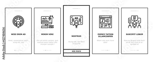 Radio Studio Podcast Onboarding Mobile App Page Screen Vector. Auto Radio And News, Advertising And Weather, Horoscope And Music, Building And Command Illustrations