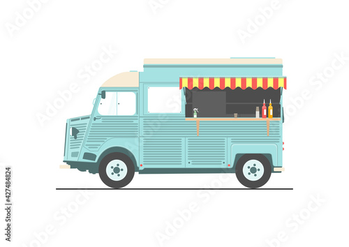 Retro food truck. Side view. Flat vector.