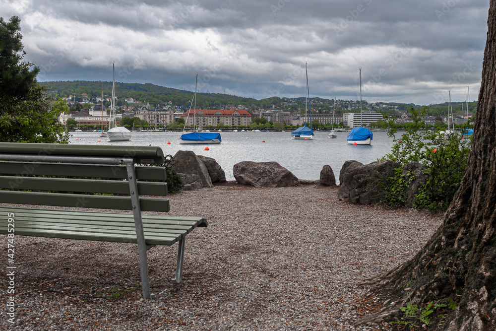 Lounge bench overlooking Lake Zurich, Switzerland