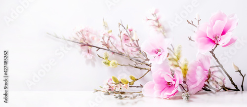 Beautiful pink spring flowers composition over white