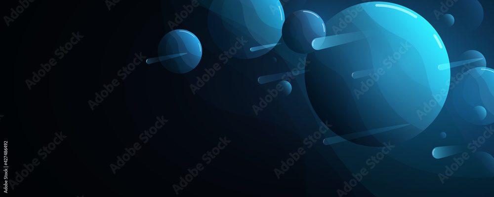 Futuristic deep space cartoon concept for your presentation. Meteorites and planets. Scientific cosmic template design. Abstract galactic background. Vector illustration.