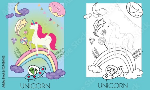 Cute Unicorn Cartoon Vactor and Coloring Page