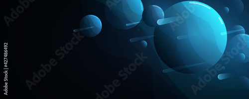 Futuristic deep space cartoon concept for your presentation. Meteorites and planets. Scientific cosmic template design. Abstract galactic background. Vector illustration.