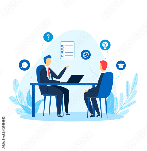 Interview concept, professional job interview, business people work, man businessman, design, flat style vector illustration.