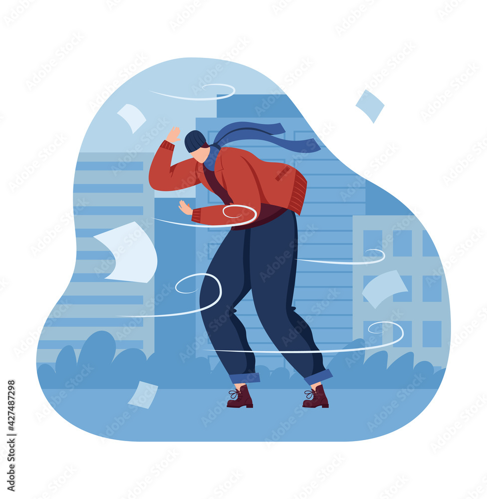 Fototapeta premium Wind man concept, weather strong fight, man strong suit businessman, windy brave, design, in cartoon style vector illustration.