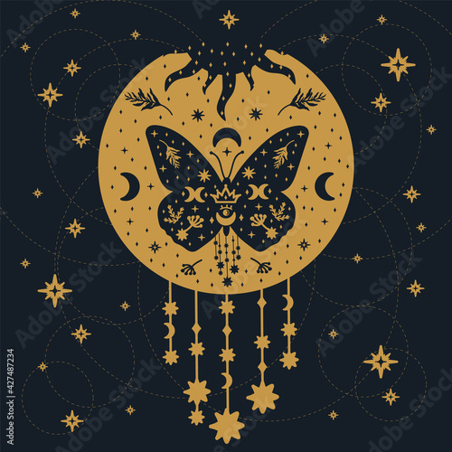A golden butterfly on a black background. A poster with fluttering insects in the form of dream catchers. Starry background of a magic postcard with moths. Vector illustration