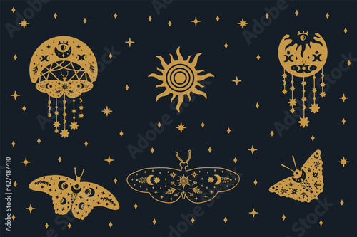 Set of Black and Gold butterflies with gold doodle wings. A collection of illustrations with fluttering insects and planets. Starry background of magical moth wings. Vector illustration