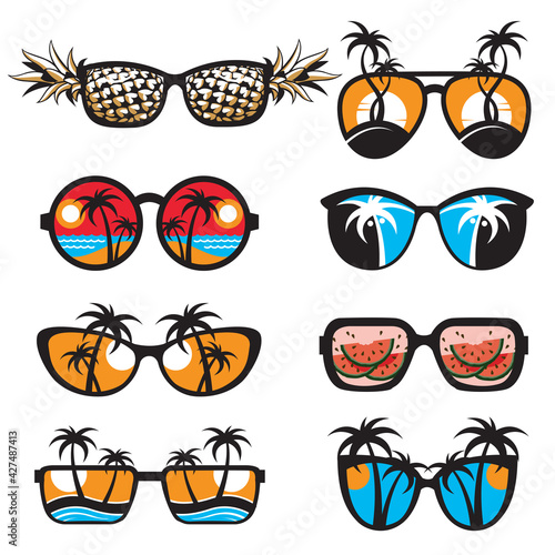 emblems collection of glasses with summer vacation landscapes isolated on white background