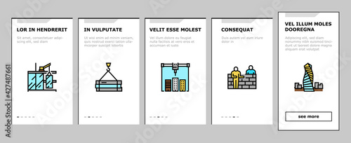 Building Construction Onboarding Mobile App Page Screen Vector. Excavation And Footing Reinforcement, Columns Casting And Windows Installation, Building Process Illustrations