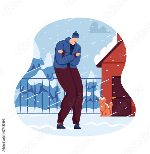 Wind snow man, frost concept, winter cold man walking, time outdoors, weather concept, design, cartoon style vector illustration.