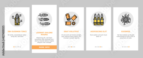Bullet Ammunition Onboarding Mobile App Page Screen Vector. Bullet Expelling From Gun Barrel Shooting And Hole, Cartridge, Armor Piercing, Boat Tail And Soft Point Illustrations