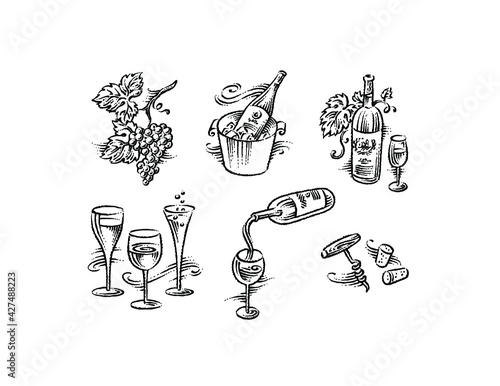 spot illustrations of wine and grapes