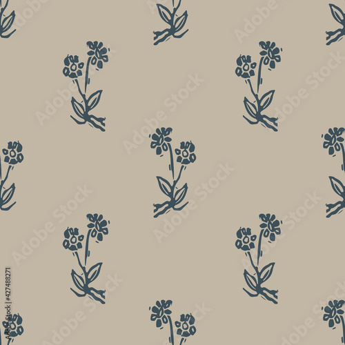 Handmade carved block print flower seamless pattern. Rustic heritage folk art background. Scandi or ethnic indian design. Naive neutral tone all over texture.
