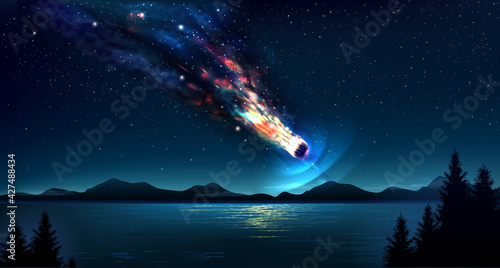 Falling comet in the night blue sky