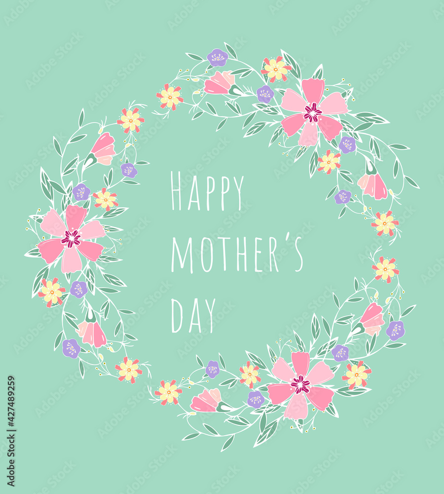 Mothers day greeting card with flowers background in doodling style. Hand drawing, round frame. Vector illustration