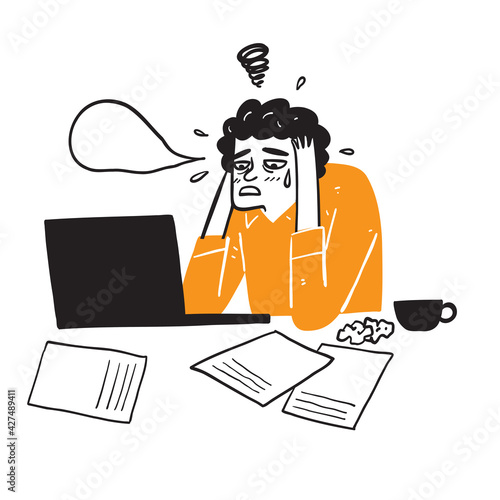 Illustration of a businessman working remotely Emotional regret or sadness