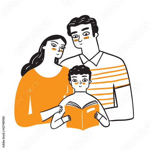 Mom and Dad watch their adorable son read a book.