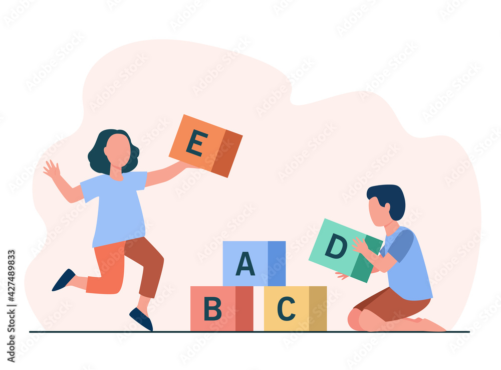 Children playing with alphabet blocks. Girl and boy building pyramid from colorful cubes flat vector illustration. Childhood, toys, education concept for banner, website design or landing web page Children playing with alphabet blocks. Girl and boy building pyramid from colorful cubes flat vector illustration. Childhood, toys, education concept for banner, website design or landing web page