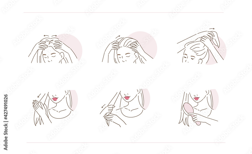 Beauty Girl Take Care of her Damaged Hair and Applying Treatment Serum on Hair Roots and Tips. Woman Making Haircare Procedures. Flat Line Vector Illustration and Icons set. Beauty Girl Take Care of her Damaged Hair and Applying Treatment Serum on Hair Roots and Tips. Woman Making Haircare Procedures. Flat Line Vector Illustration and Icons set.