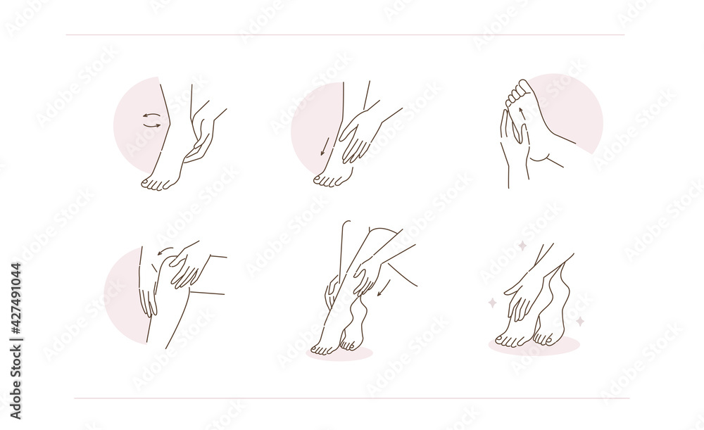 Beauty Girl Take Care of her Knees, Legs, Feet and Heels Skin and Applying Moisturizing Cream. Skin Care and Pedicure Concept. Flat Line Vector Illustration and Icons set. Beauty Girl Take Care of her Knees, Legs, Feet and Heels Skin and Applying Moisturizing Cream. Skin Care and Pedicure Concept. Flat Line Vector Illustration and Icons set.