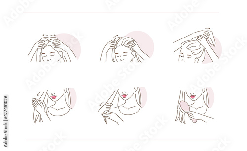 Beauty Girl Take Care of her Damaged Hair and Applying Treatment Serum on Hair Roots and Tips. Woman Making Haircare Procedures.  Flat Line Vector Illustration and Icons set.