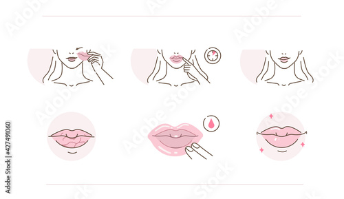 Beauty Girl Take Care of her Lips Skin and Applying Moisturizing Lip Mask. Instruction how to Use and Applying Hydrating Lip Mask. Flat Line Vector Illustration and Icons set.
