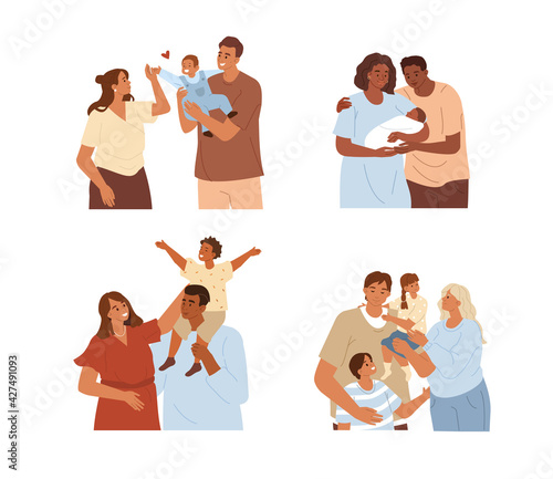 Multicultural Families Spending Time Together. Mother, Father and  Kids Hugging and Smiling to Each Other. Happy Parents having Fun with their Daughters and Sons. Flat Cartoon Vector Illustration.