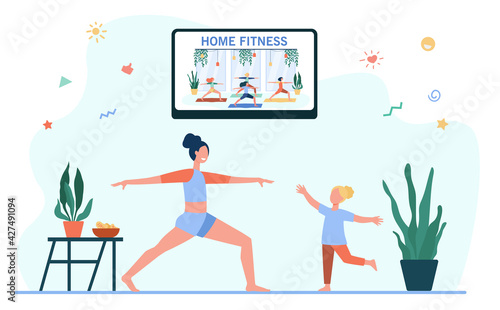 Mother and daughter following fitness program on TV. Woman and girl doing exercises at home flat vector illustration. Home fitness, workout concept for banner, website design or landing web page
