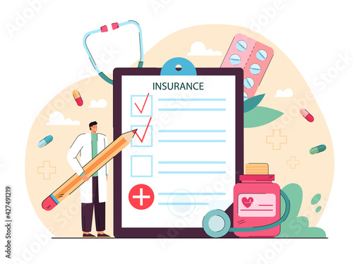 Tiny doctor giving health insurance. Hospital man with pencil filling in medical form flat vector illustration. Healthcare, money security concept for banner, website design or landing web page