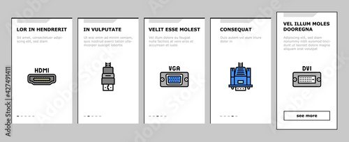 Computer Pc Monitor Onboarding Mobile App Page Screen Vector. Full Hd And 4k Resolution, Oled, Ips And Led Display, Hdmi, Vga And Dvi Computer Screen Port Illustrations