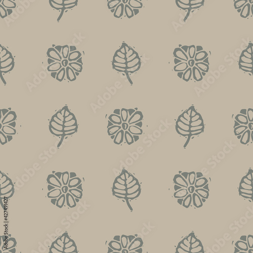 Handmade carved block print flower seamless pattern. Rustic heritage folk art background. Scandi or ethnic indian design. Naive neutral tone all over texture.