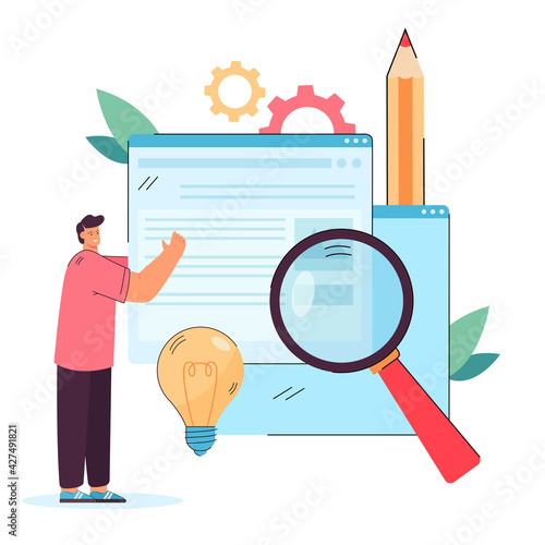 Creator publishing new digital content. Man holding web page, adding information on website flat vector illustration. Digital content, management concept for banner, website design or landing web page