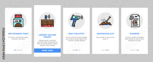 Geology Researching Onboarding Mobile App Page Screen Vector. Gyro Theodolite And And Laser Level, Field Controller And Thermal Imager Geology Equipment Illustrations