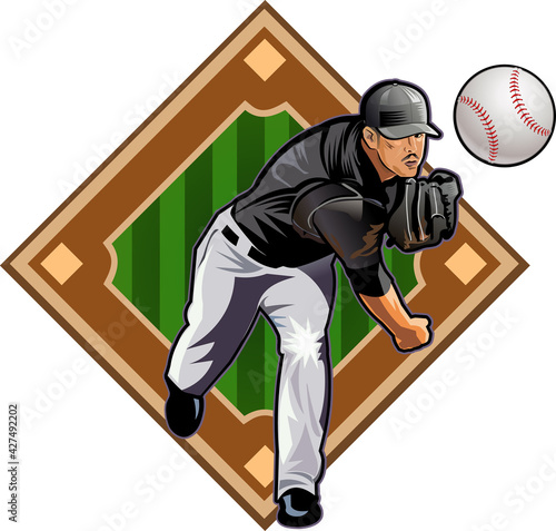 Square shot. Baseball Pitcher and Field