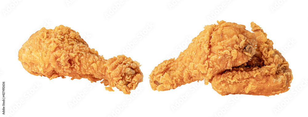 Fried chicken leg drumstick and wing isolated on white background. Fried chicken leg drumstick and wing isolated on white background.