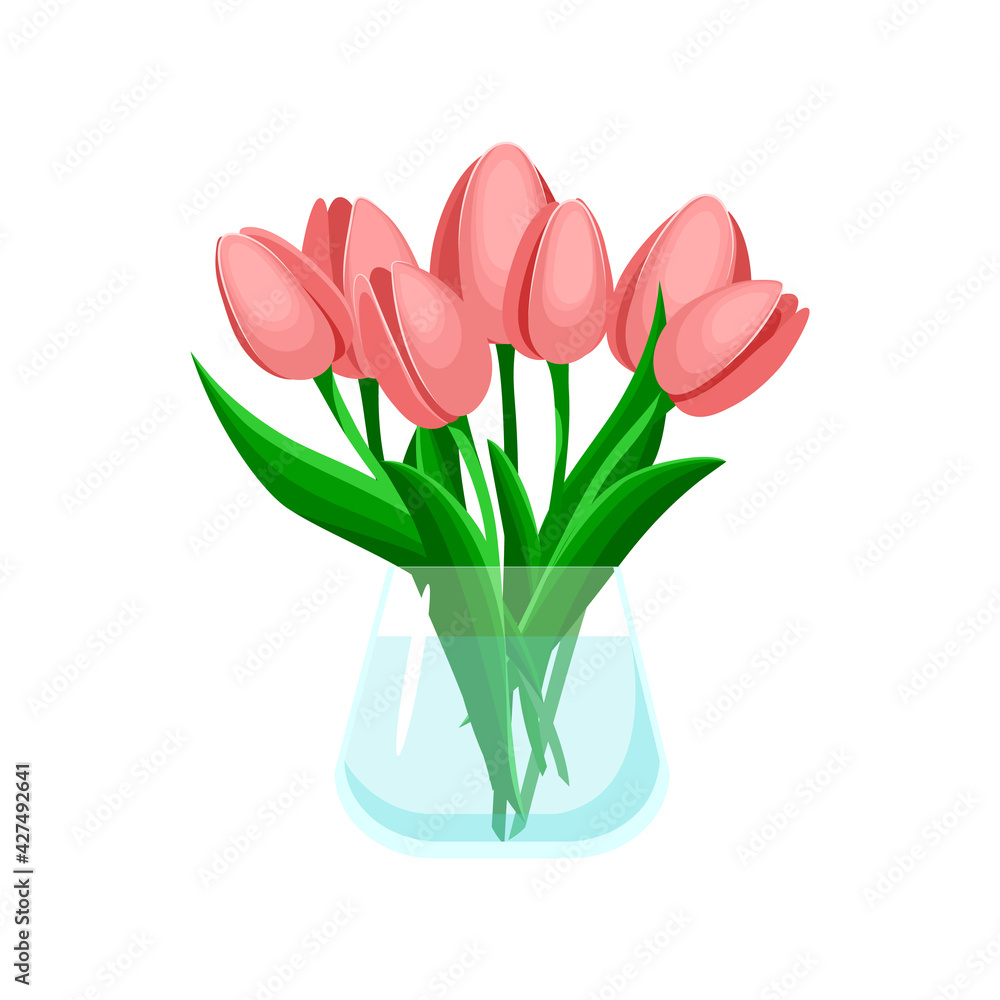 Bouquet pink tulips in a glass transparent vase. Vector illustration isolated on white background Bouquet pink tulips in a glass transparent vase. Vector illustration isolated on white background