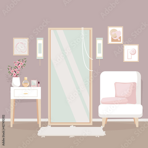 Elegant room interior with large floor mirror, armchair, pillows, dressing table, vase of flowers, paintings and carpet. Vector illustration in flat style