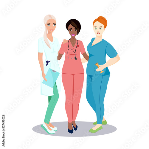 Happy team of young female doctors cardiologist, otolaryngologist, obstetrician gynecologist. Collaboration of people in the medical community. Flat vector isolated illustration