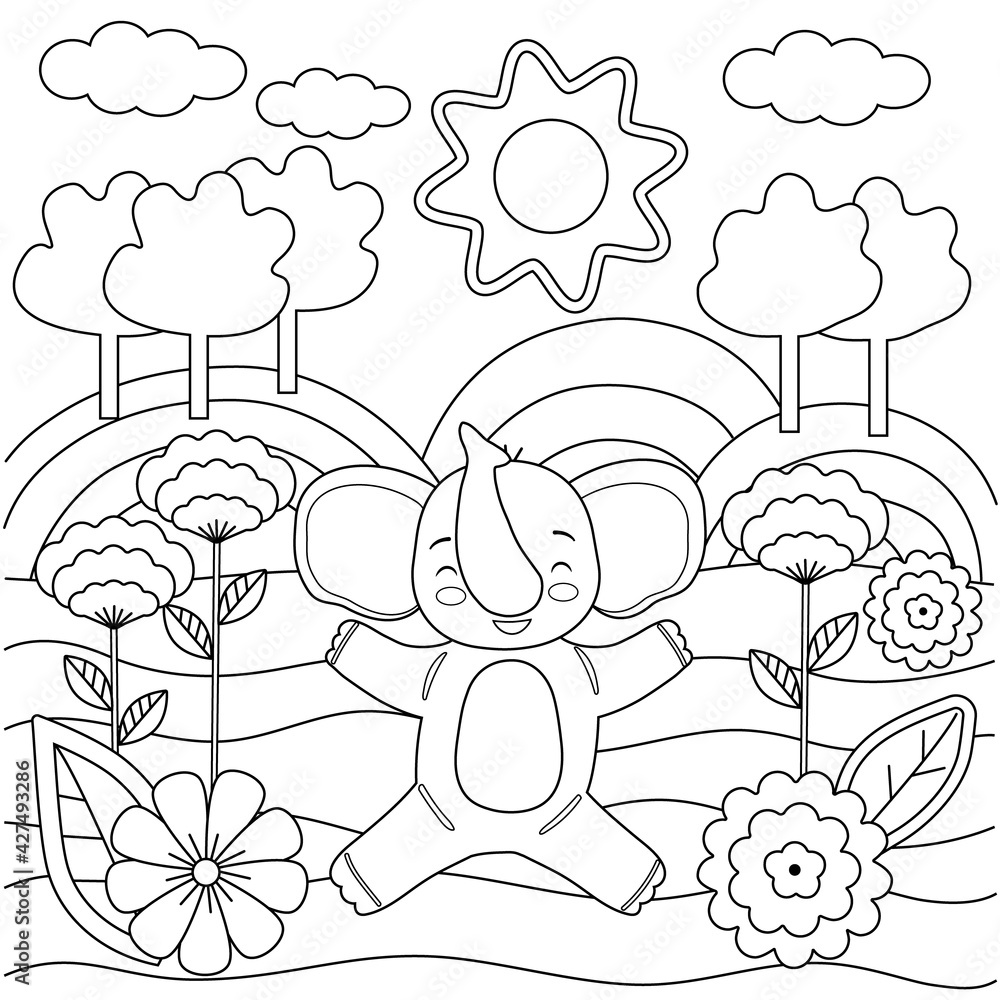 vetor-de-kids-coloring-book-with-cute-elephant-trees-and-flowers
