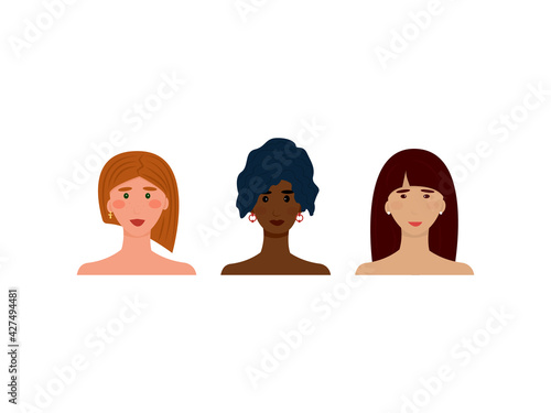 avatar portrait of African American, Asian and European. Women with different skin colors. Design element for banners on the theme of women's rights protection. Vector illustration, flat
