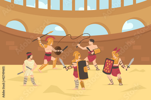 Roman armored soldiers fighting with swords, spears and whips. Cartoon vector illustration. Gladiator fight in Colosseum battlefield of ancient Rome, Greece. Ancient history, culture, battle concept