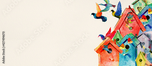 Fotografia Colours bird boxes and birds. Watercolor banner, design element.