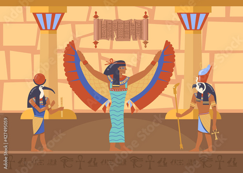 Egyptian winged goddess Maat surrounded by Horus and Thoth deities. Cartoon vector illustration. Egyptian gods in ancient temple interior, symbols, hieroglyphics. Ancient Egypt, history, art concept