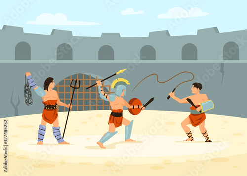 Roman soldiers defeating each other in battle on arena. Cartoon vector illustration. Gladiator fight in Colosseum battlefield of ancient Rome or Greece. Ancient history, culture, battle concept