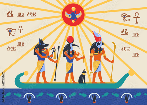 Egyptian deities or gods sailing papyrus or reed boat bas relief. Cartoon vector illustration. Egyptian Horus, Thoth, Anubis gods, scarab, symbols, hieroglyphics. Ancient Egypt, history, art concept